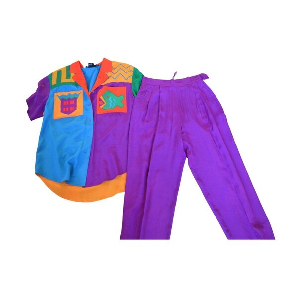 Vintage I.B. Diffusion 1990s Colorblock Silk Shirt High Waisted Pants Set Sizes - Picture 11 of 12
